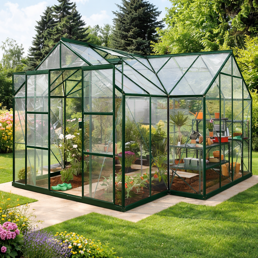 Serre de jardin aluminium 13 m² structure verte polycarbonate 4mm SerraBloom