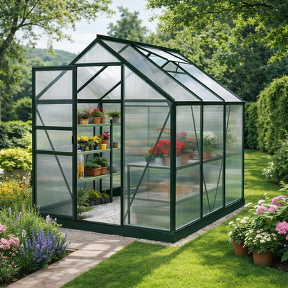 Serre de jardin aluminium 3,8 m² structure verte polycarbonate 4mm SerraBloom